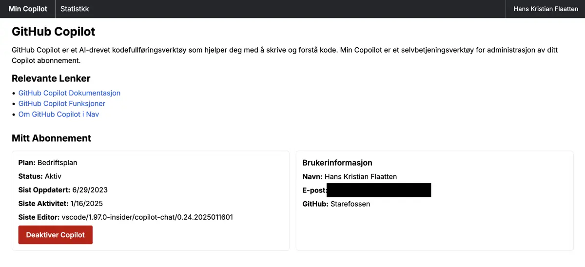 Skjermbilde av Min Copilot i januar 2025: abonnementet med plan, status, siste aktivitet og en knapp for å deaktivere Copilot.
