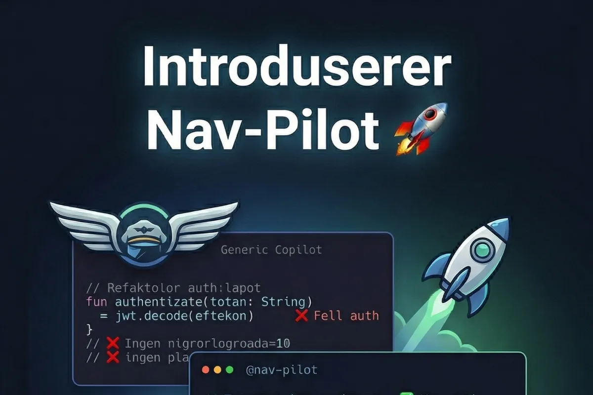 Toppen av plakaten «Introduserer Nav-Pilot», med en rakett og et kodevindu for @nav-pilot ved siden av en generell Copilot.